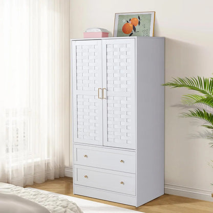 Armoire Wardrobe Closet with 2 Woven Doors, Wardrobe Cabinet with 2 Storage Drawers