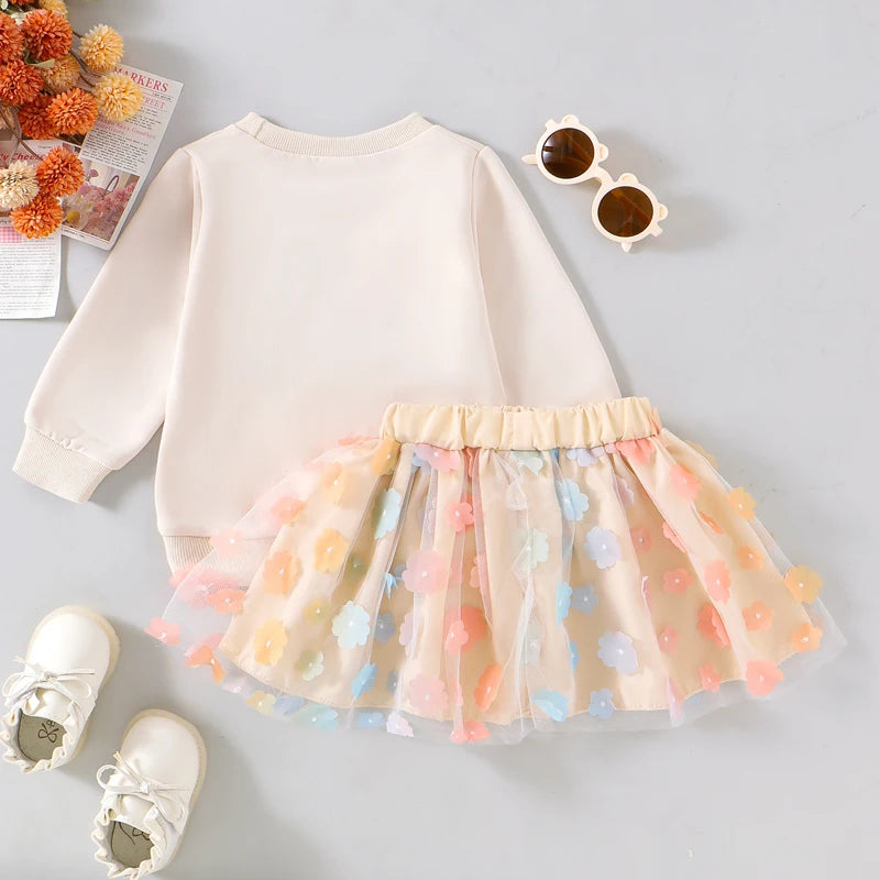 0 MO-5Y Kids Girls Skirt Set, Long Sleeve Embroidery Letters Sweatshirt with Flower Tulle Skirt 2-piece Outfit