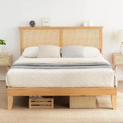 Full Bohemian Rattan Bed Frame with LED Lights,Solid Wood Foundation