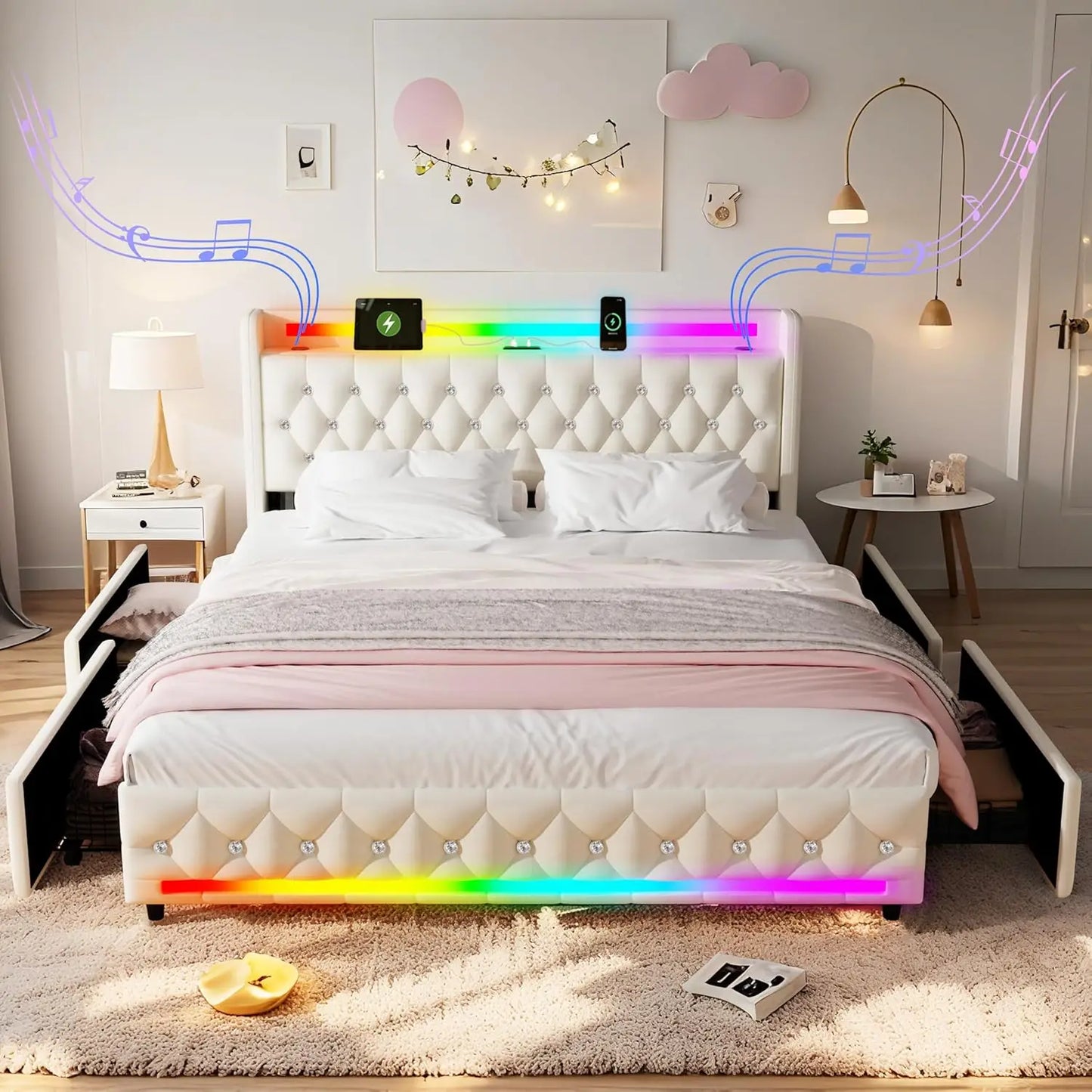 Multiple Color LED Bed Frame with Charging Station, Featuring 2-Tier Headboard, 4 Storage drawers