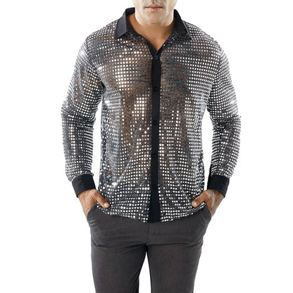 Glitter Sequin Shirt, Men's Long Sleeved Performance Wear, 70s Disco, Lapel Neck, Slimming Sparkle Compression Shirts With Button