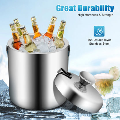 1.3L Portable Double-Walled Ice Bucket with Tongs Lid Stainless Steel