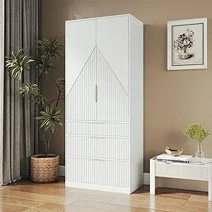 71.7" Wardrobe Armoire Wooden Closet with 2 Doors and 3 Drawers, with Hanging Rod Shelf, Large Capacity Storage
