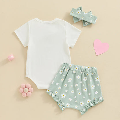 3Pcs  0-18 mo Baby Girl Outfit,  Daddy’s Girl, Short Sleeve Romper, Flower Ruffle Shorts, Headband