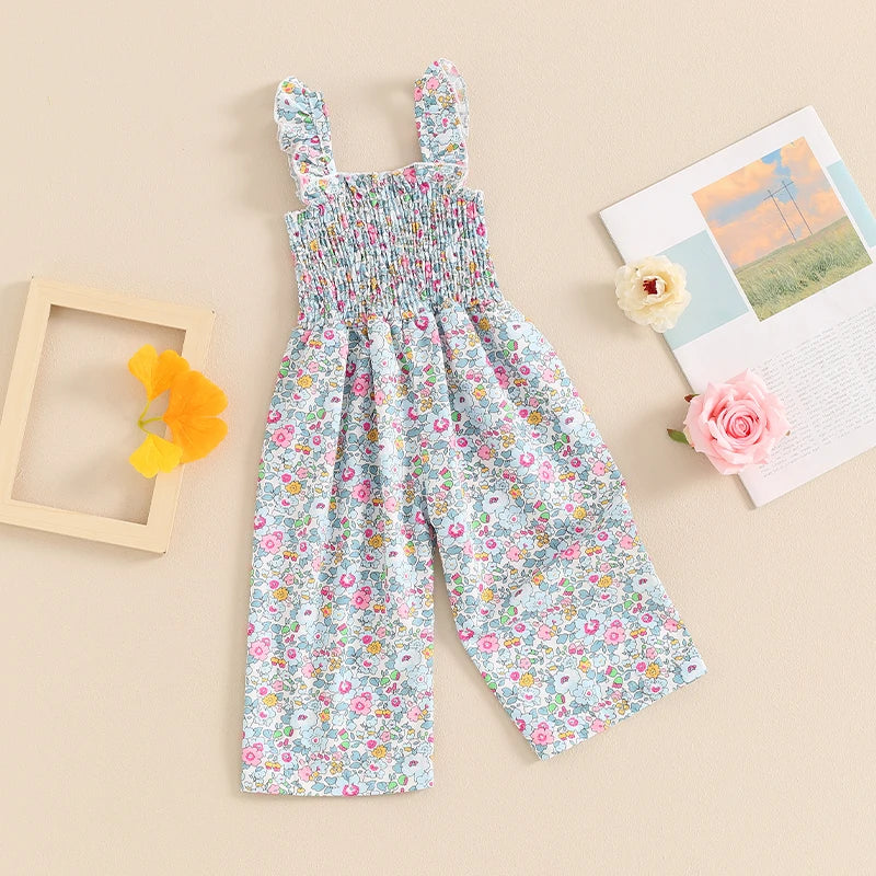 12MO-4T Lovely Baby Girls Summer Jumpsuit, Sleeveless Strap, Floral Print, Wide Leg Pants