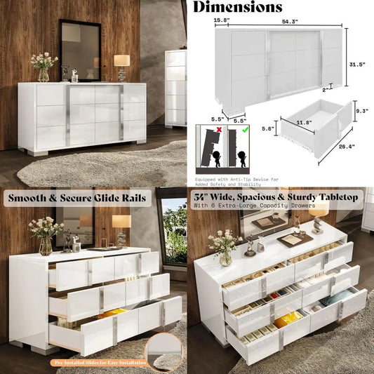 54" Wide High Gloss Dresser with 6 Drawers, Silver Grooved Handle, Contemporary Storage Chest
