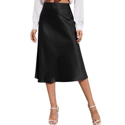 Womens Elegant Satin Skirt, High Waist, Midi Length, Satin Silk, Solid Color Office Work Skirts