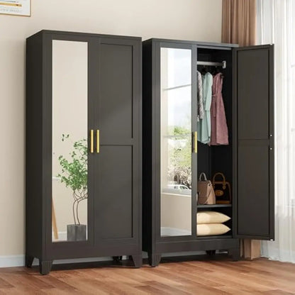 71"Metal Armoire Wardrobe w/2 Mirror Door, with Adjustable Shelves and Hanging Rod