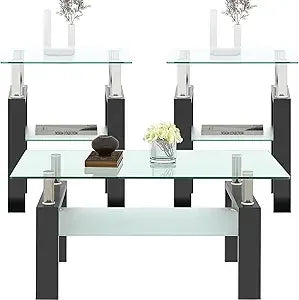3 Piece Black Glass Table Set, Including 1 Coffee Table and 2 End Side Tables