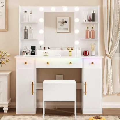 Makeup Desk with Mirror & Lights: Charging Station, 3 Drawers & Stool