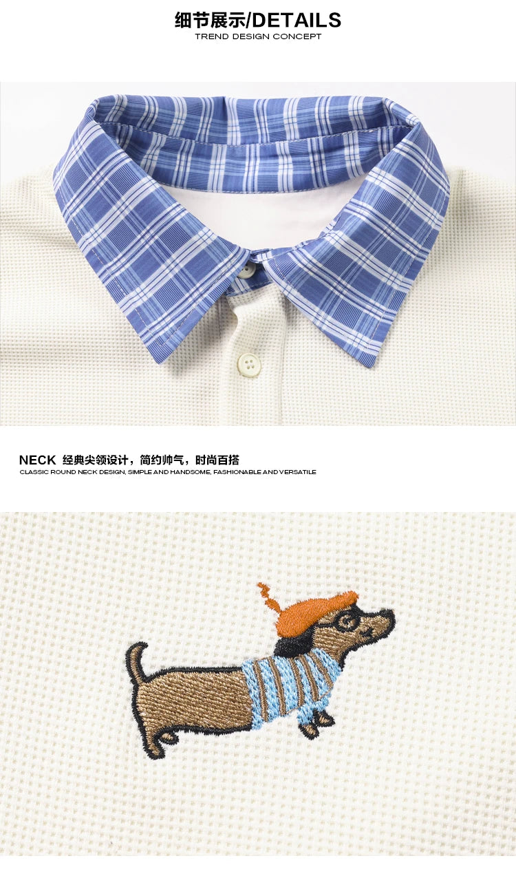 Unisex Plaid Patchwork Fake Two Sweatshirt, College Style Puppy Embroidery, POLO Collar