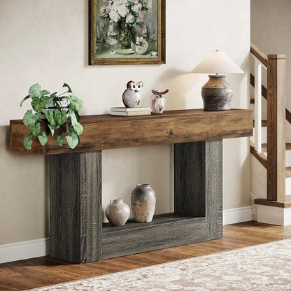 63" 2-Tier Entryway Table with U-Shaped Base, Narrow Long Wood