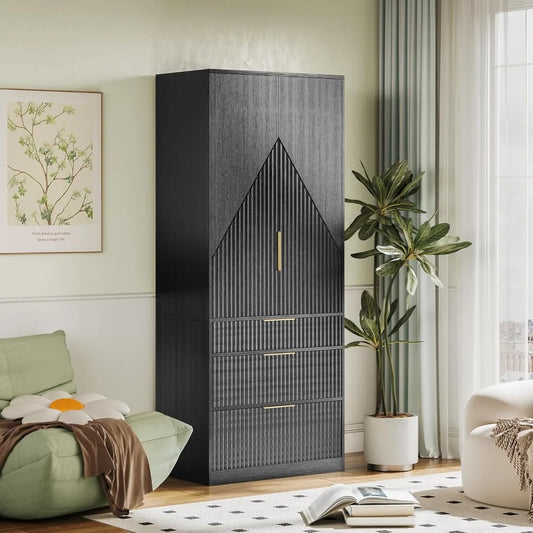 71.7" Wardrobe Armoire Wooden Closet with 2 Doors and 3 Drawers, with Hanging Rod Shelf, Large Capacity Storage