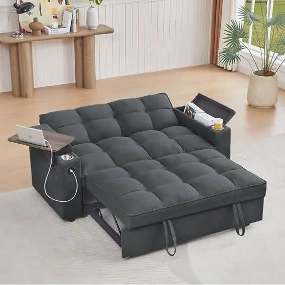 65'' 3-in-1 Queen Size Pullout Sofa, Modern Chenille Fabric, 360° Swivel Side Table