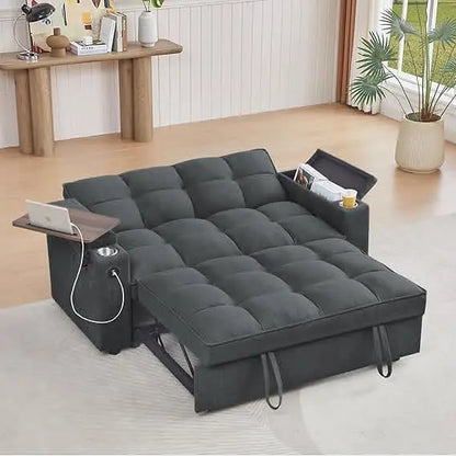65'' 3-in-1 Queen Size Pullout Sofa, Modern Chenille Fabric, 360° Swivel Side Table
