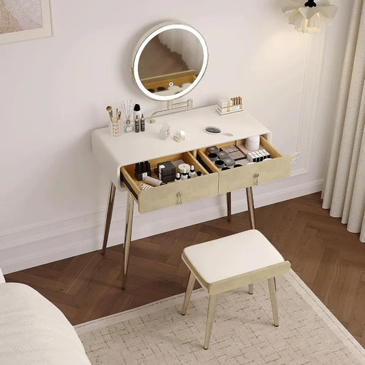 Vanity Desk Set with 360° Rotating Mirror and Lights, with Microfiber Leather, with 2 Drawers,