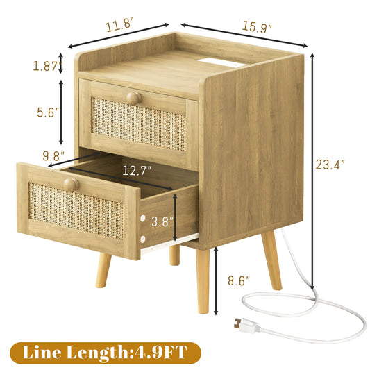 Rattan Nightstand with Charging Station, with 2 Drawers, Natural