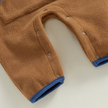 3-12M Autumn Winter Baby Boys Fleece Romper, Long Sleeve, Stand Collar, Pockets