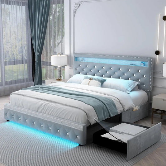 LED Platform Bed Frame with 2 Drawers, Storage