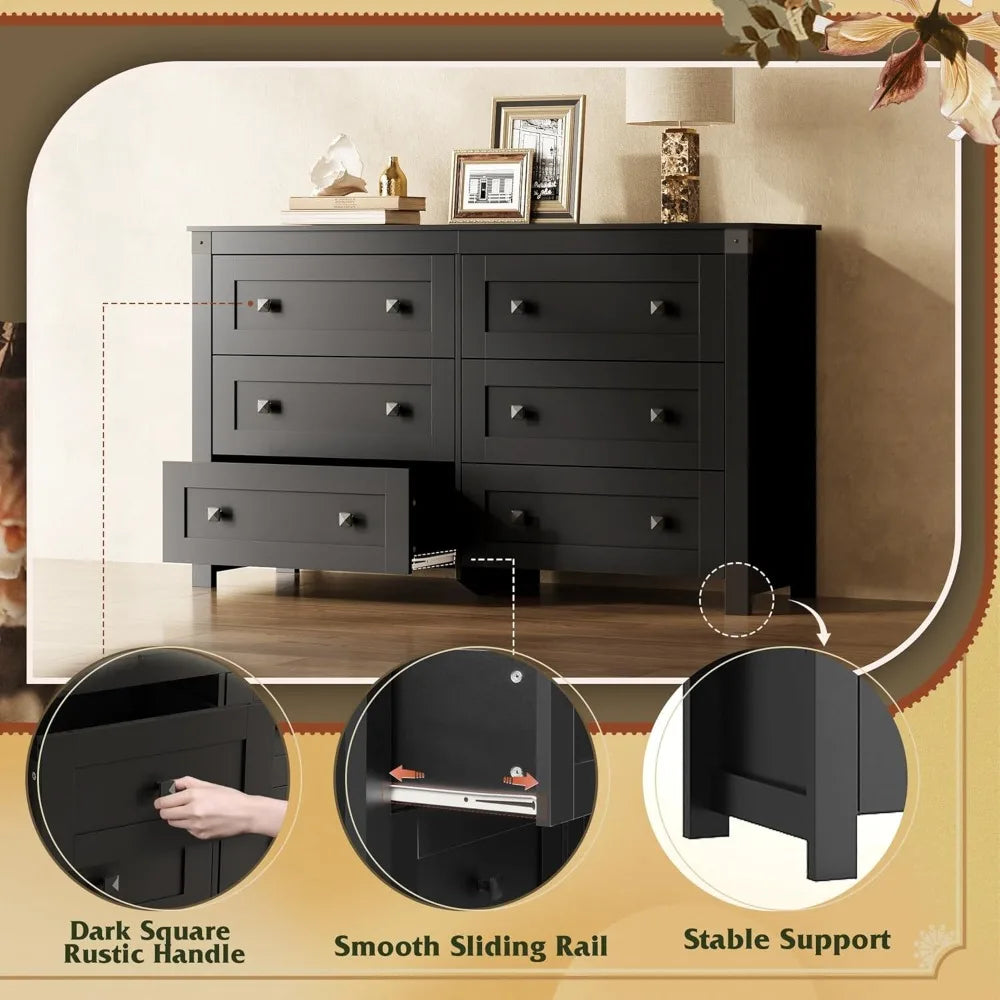 Farmhouse Black Dresser for Bedroom, 53.07'' Wide 6 Drawer Wood Dresser