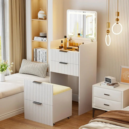 3 in 1 Small Vanity Set w/ Glass Desktop, 3 Drawers & Storage