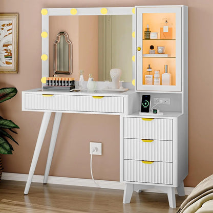 Fluted 45" Glass Top Makeup Table with 5 Drawers, Power Outlet & Storage Cabinet,