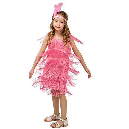 4-12 yo Girls Flapper Dress, Sequins Fringe, Tassel Tango