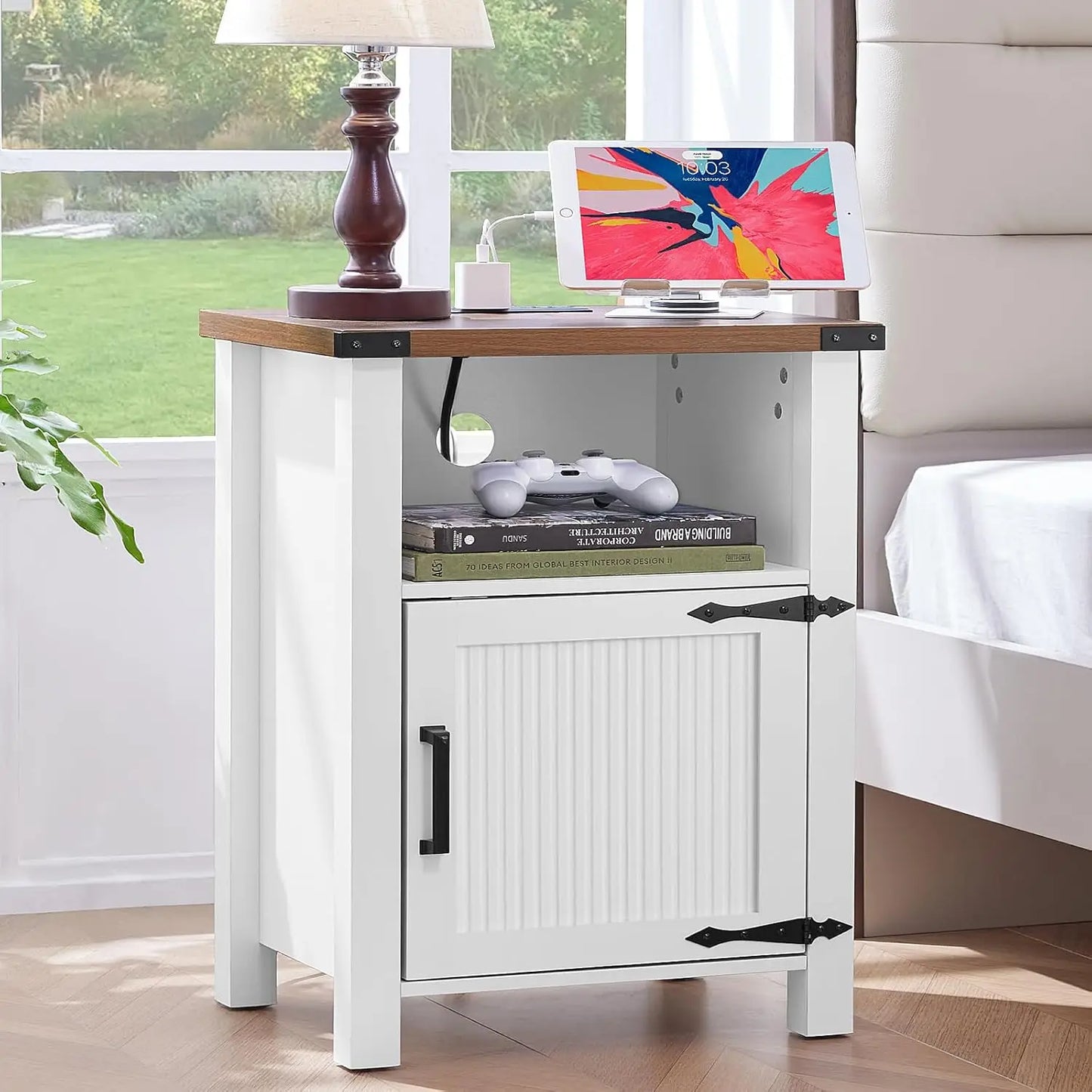 18 Inch Side stand with Charging Station and USB Port, Magnetic Door & Open Shelves