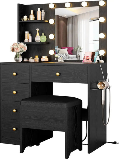 Vanity/Desk with Mirror and Lights with 5 Drawers