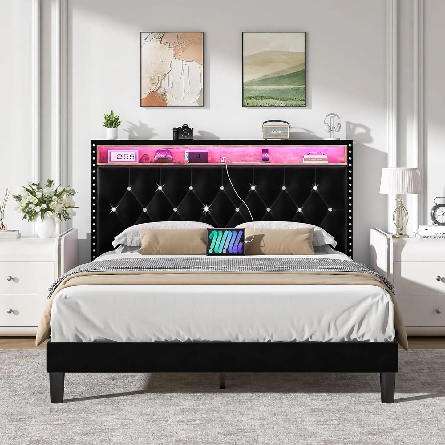 Velvet Upholstered Platform Bed with Storage Headboard and Charging Station, LED Lights