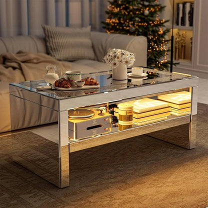 2 Tier Mirrored Coffee Table with Mirror Crystal Board