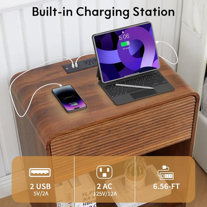 Set of 2, Nightstands  with Charging Station, Drawer Storage