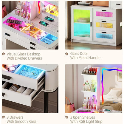 60.9" W Large Vanity/Desk with Mirror and RGB Lights, Glass Top, Charging Station