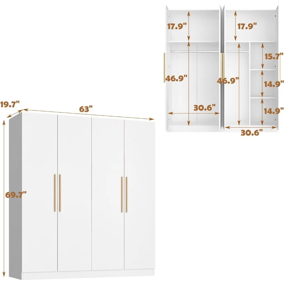 4 Door Wardrobe Armoires w/Storage Shelves, w/Hanging Rod, Wooden Handles