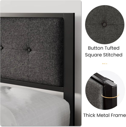 King Size Platform Bed Frame with Upholstered Headboard, Metal Slats Support, Noise Free