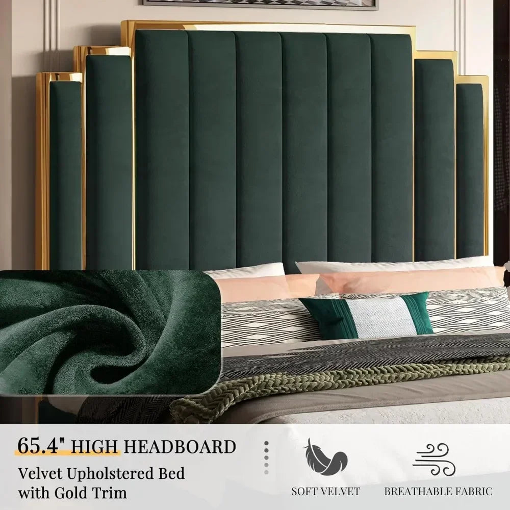65" Velvet Upholstered King Size Platform Bed Frame with Gold Trim Headboard/Wooden Slats/No Box Spring Needed/Green