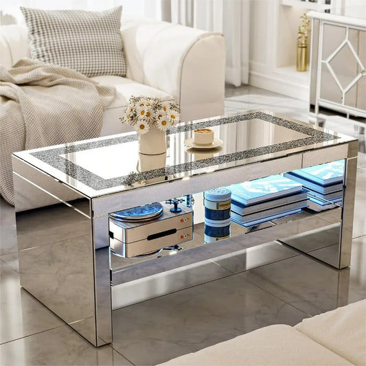 2 Tier Mirrored Coffee Table with Mirror Crystal Board