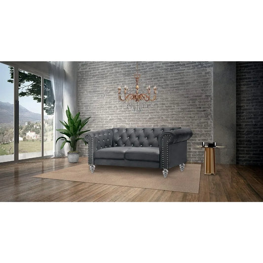 Glam Emma Velvet Two Seater Chesterfield Style Loveseat for Small Spaces with Crystal Button Tufts, Gray