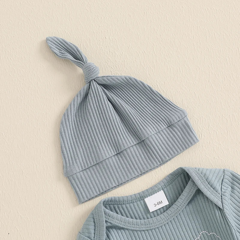 Baby Boys/Girls 3PCS Outfit, Long Sleeve Crew Neck, Letter Embroidery Romper, Solid Color Pants & Hat