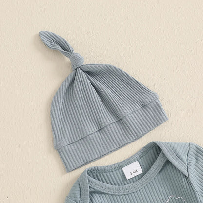 Baby Boys/Girls 3PCS Outfit, Long Sleeve Crew Neck, Letter Embroidery Romper, Solid Color Pants & Hat