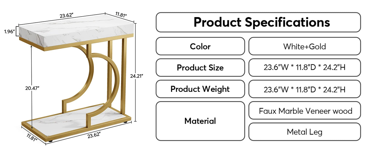 Narrow White Gold Side C Shaped End/Bedside Table