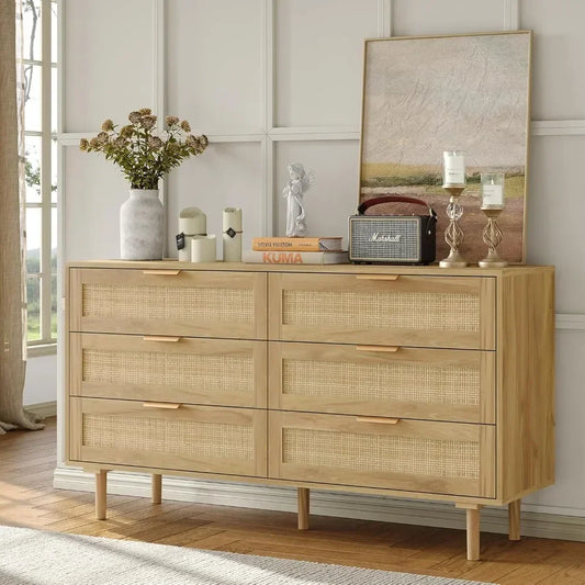Rattan 6 Drawers Dresser with Wood Legs