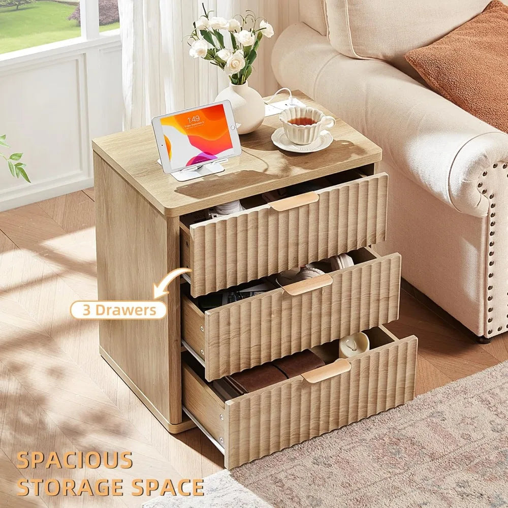 Set of 2, 23" Wide Night Stand with Charging Station, 3 Drawers w/Metal Handle