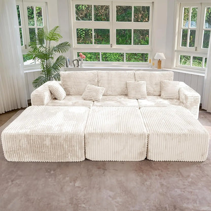 6 Seater Corduroy Boneless Couch Sleeper with Ottoman