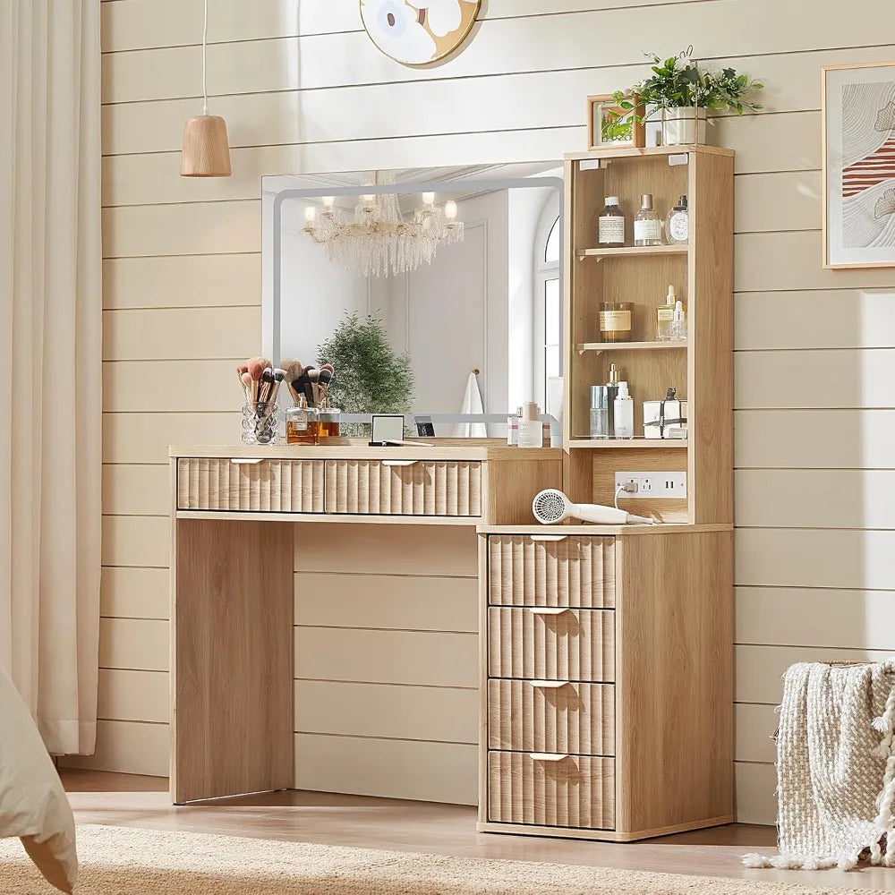 43.5'' Vanity Desk with Mirror and Lights, with 6 Drawers and Adjustable Shelves, Glass Top
