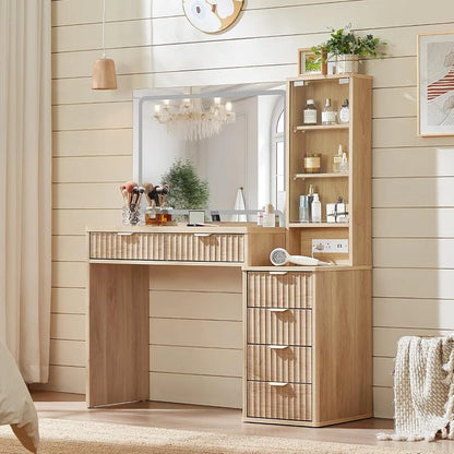 43.5'' Vanity Desk with Mirror and Lights, with 6 Drawers and Adjustable Shelves, Glass Top