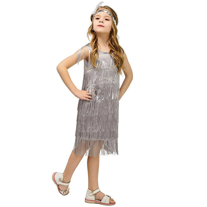 4-12 yo Girls Flapper Dress, Sequins Fringe, Tassel Tango