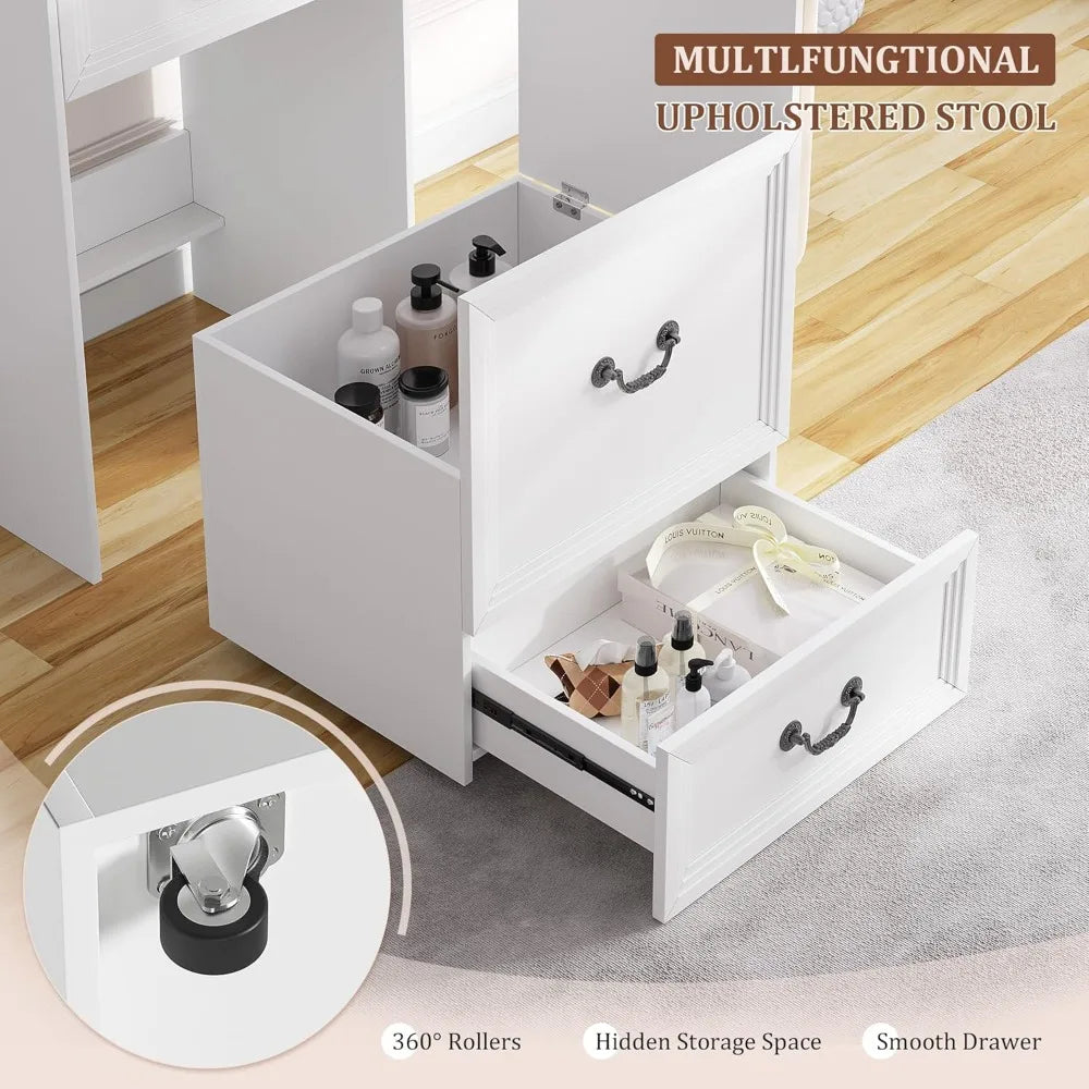 Compact Vanity with Mirror and Lights w/Storage Drawers & Shelves