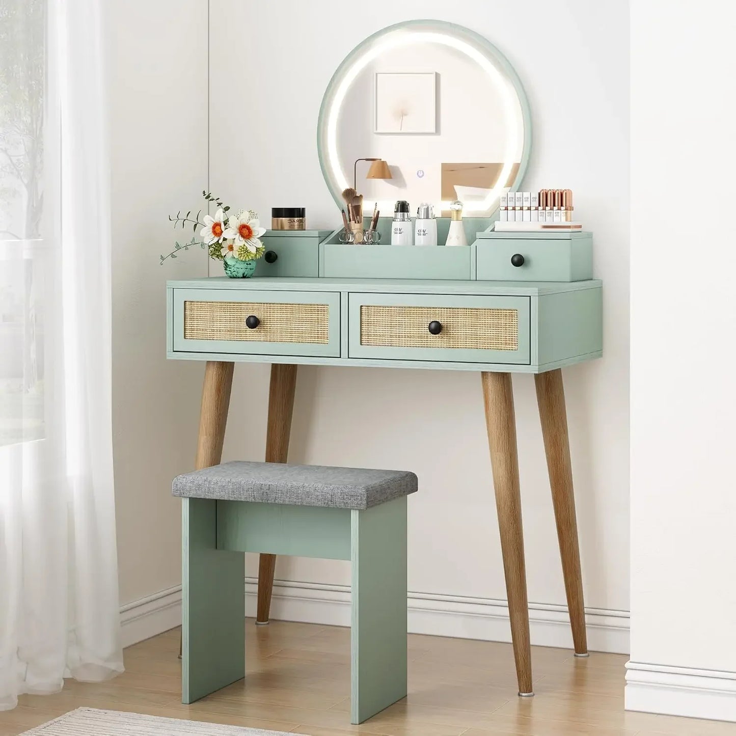 31" Natural Rattan Vanity Desk Set, w/3 Modes, Adjustable ,Lighted Mirror & Cushioned Stool