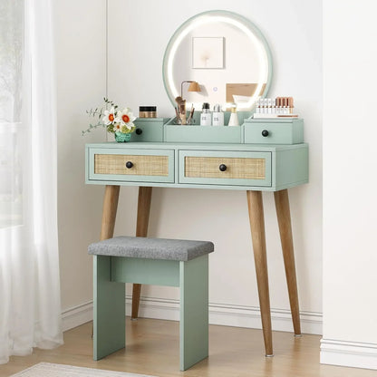 31" Natural Rattan Vanity Desk Set, w/3 Modes, Adjustable ,Lighted Mirror & Cushioned Stool